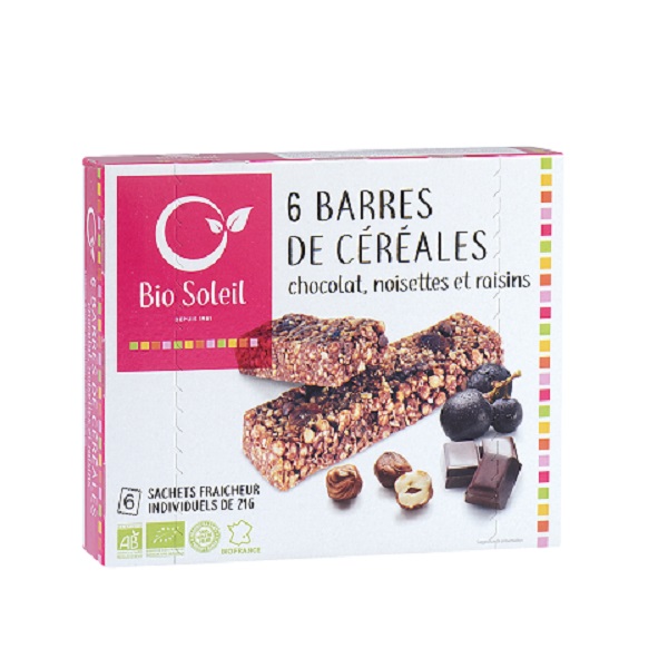 Barre céréales chocolat noisettes raisins X 6 125 g Bio 