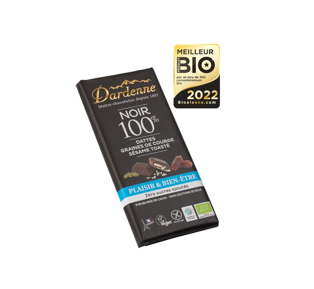 Chocolat noir 100% dattes, graines de courge zéro sucre ajouté Vegan 90 g Bio