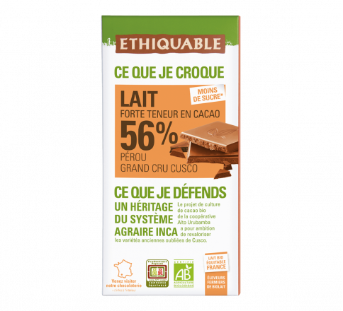 Chocolat lait 56% cacao Pérou BIO 100 g                 