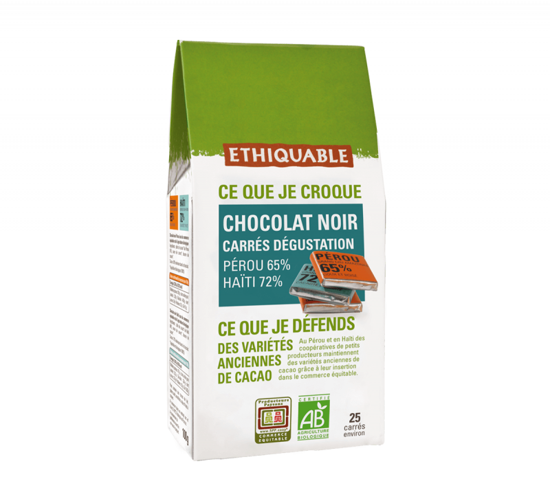 Chocolat Pérou 65% Haïti 72% 25 carrés dégustation 100 g Bio